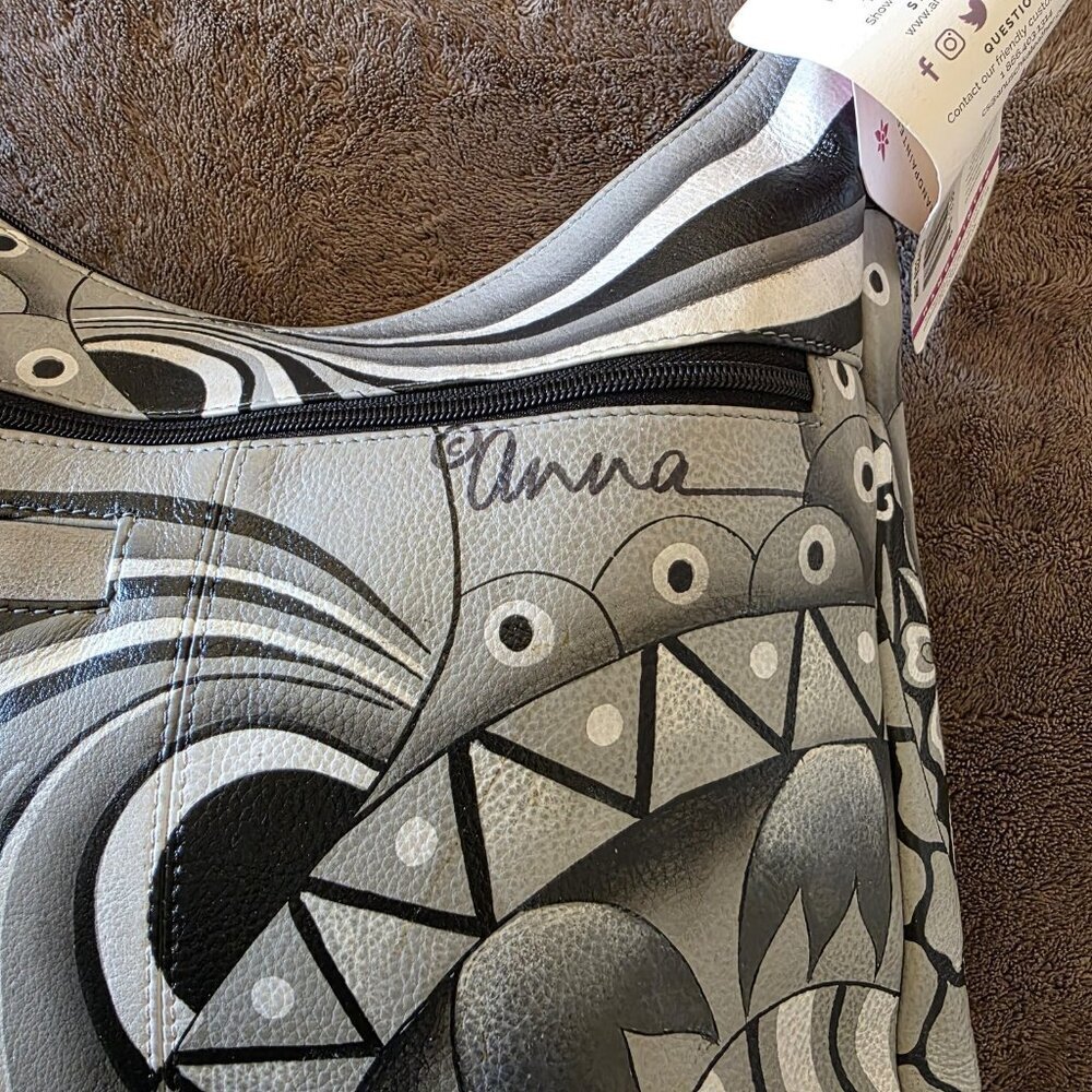 Anuschka Hand Painted Leather Hobo Bag Pewter Floral Patchwork Art NWT - Picture 15 of 16